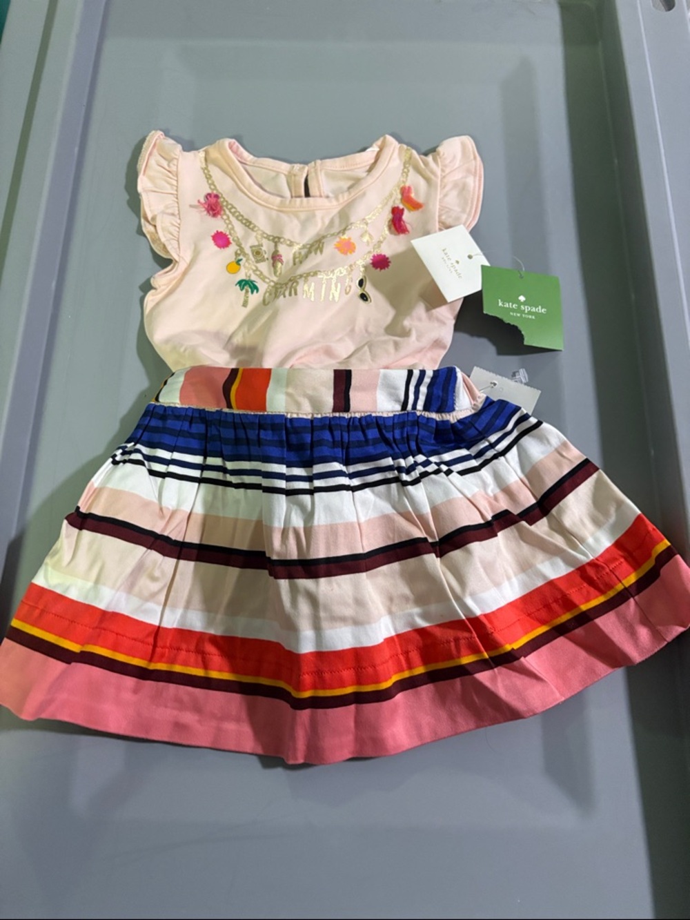 kate spade Pink Embroidered Ruffle Top with Multicolor Stripe Skirt